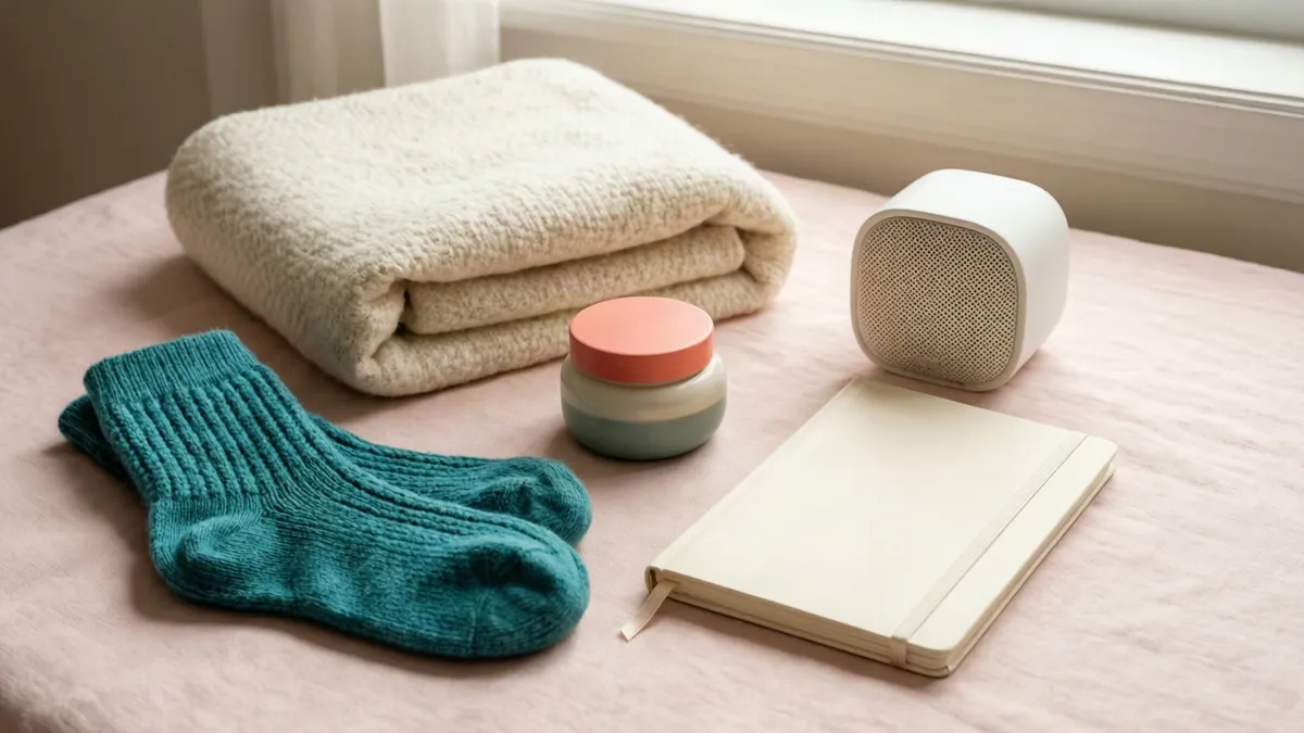 A teal knit blanket with a sleep mask rests on a bed near a tea mug, cookie tins, and a pink tube.