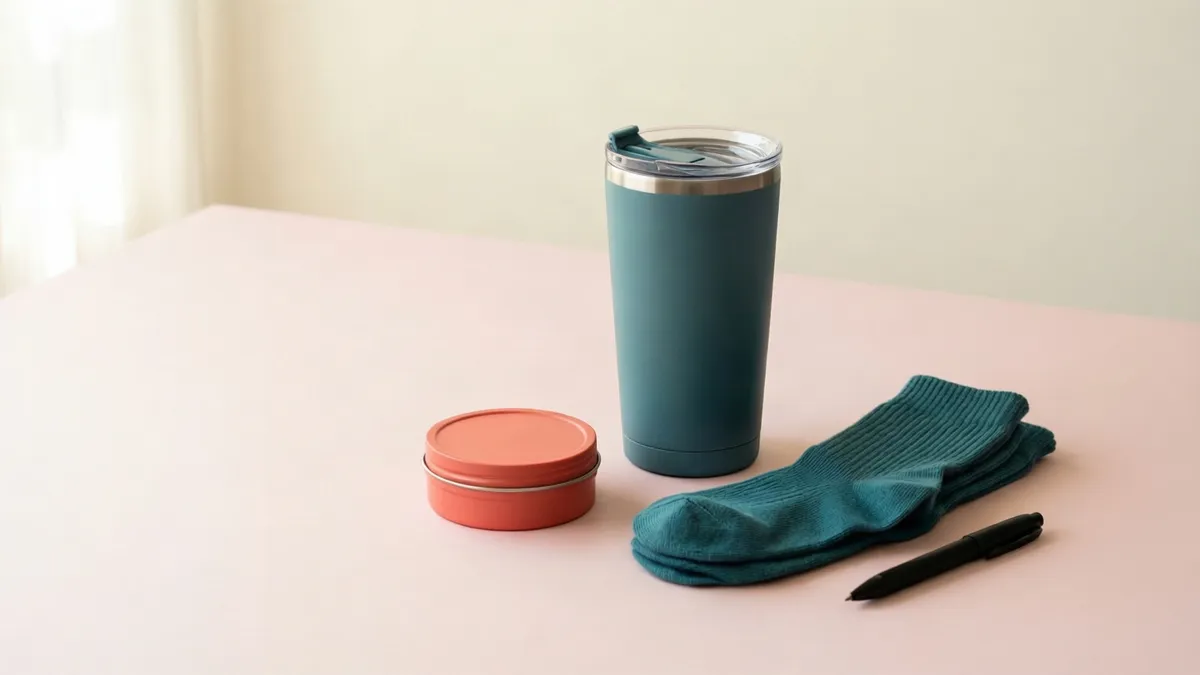 A teal insulated tumbler, folded teal socks, a plain coral balm tin and a black pen on a soft pink surface in daylight