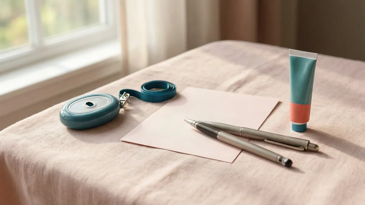 A light beige fabric-covered table displays a coiled teal measuring tape with a silver buckle, a flat pale pink sheet, two silver pens, and a teal tube with a coral band, all illuminated by soft natural light from a window with white trim and a sheer curtain in the background.