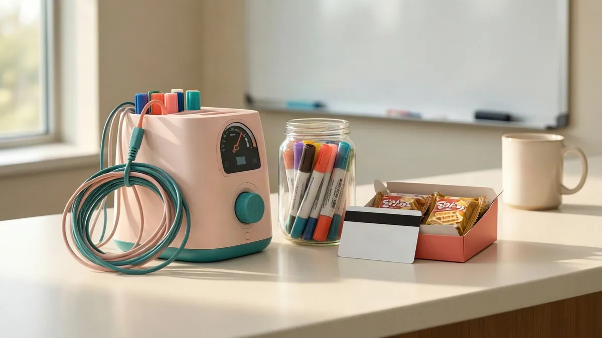 Two phones on a pink and blue stand sit on a kitchen counter with a jar of snacks and a coffee cup.