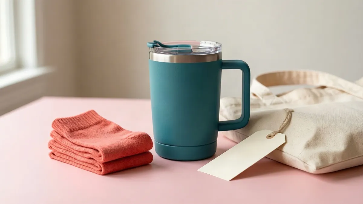 A teal travel mug with a clear lid sits on a pink surface next to folded coral socks and a beige canvas tote bag with a blank tag.