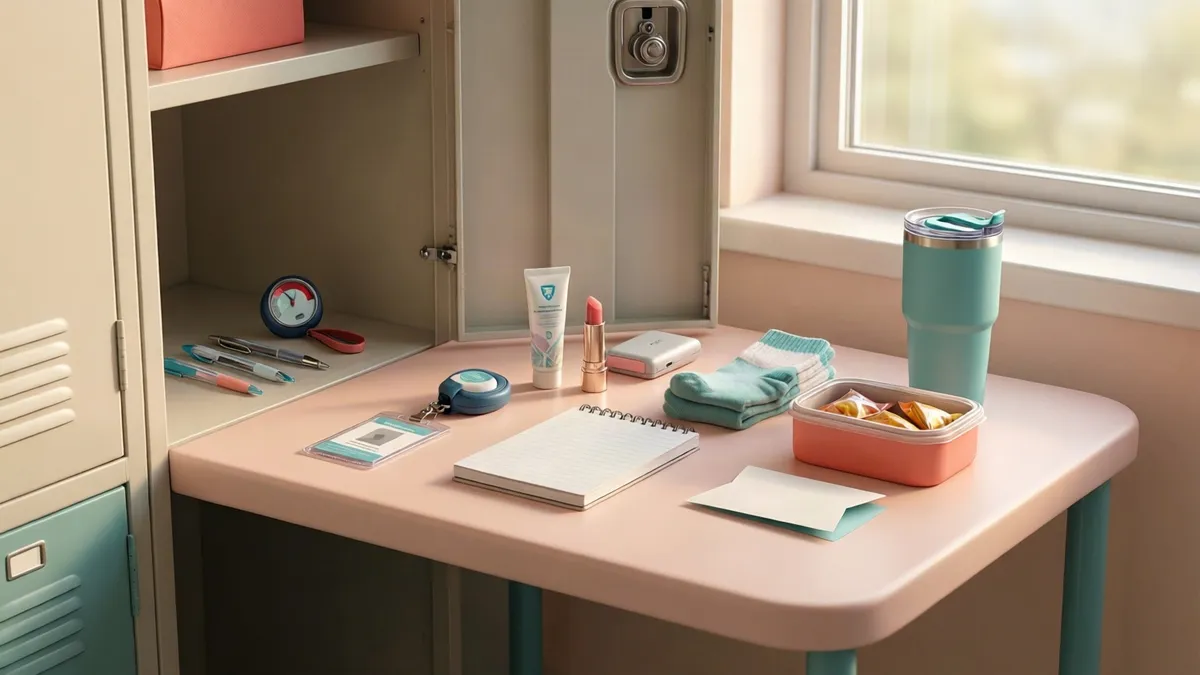 On a pink desk beside a teal locker, various personal items including a notebook, toiletries, socks, and a lunchbox sit in natural light.
